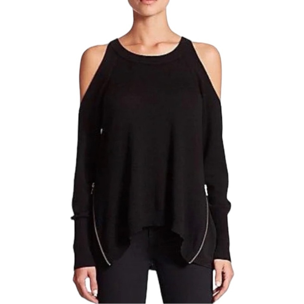RAMY BROOK Tasha Cold Shoulder Side Zip Black Wool Sweater Top Size S